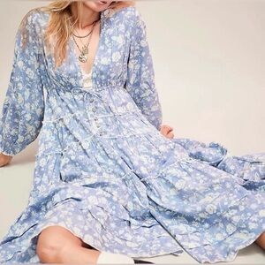 Free People Pappiet Floral Deep V-Neck Midi Dress in Bluebell Combo, XS
